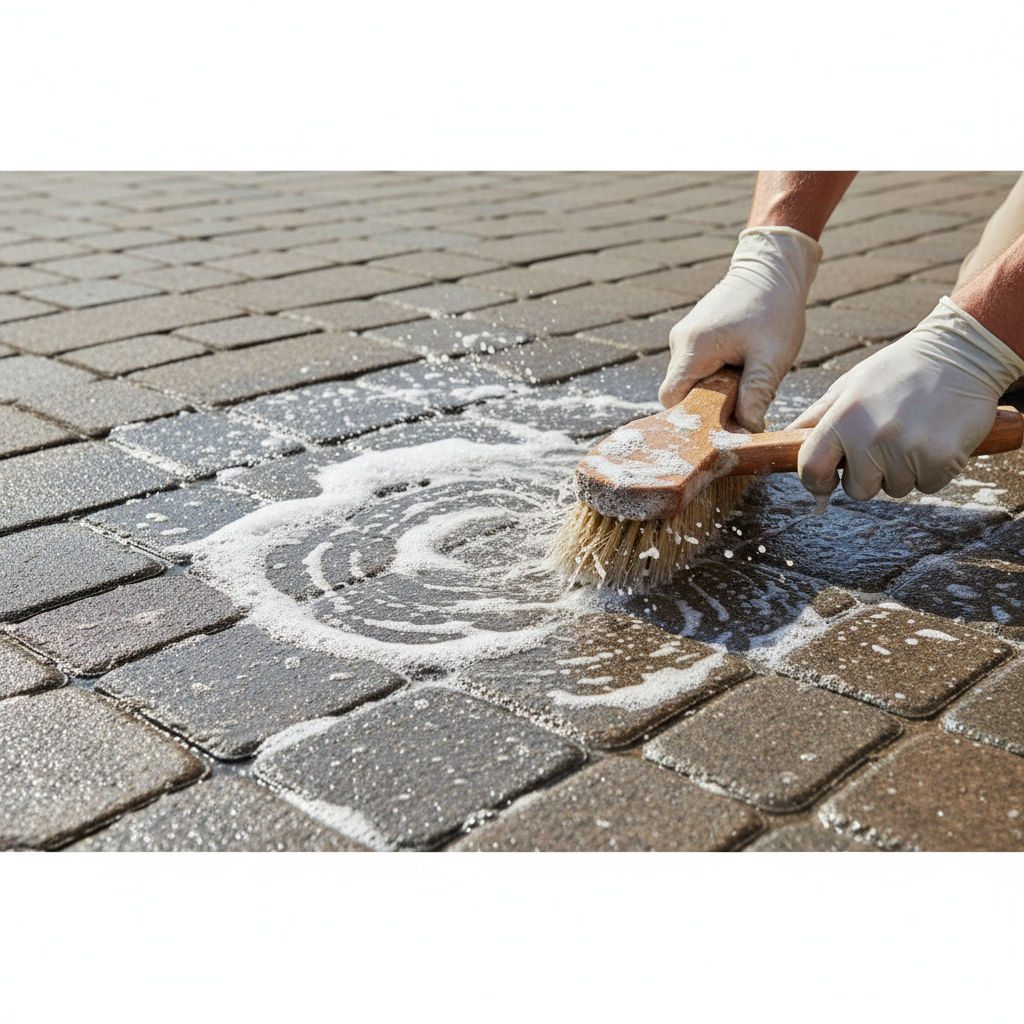 Einfahrt mit Bürste und Seifenwasser reinigen